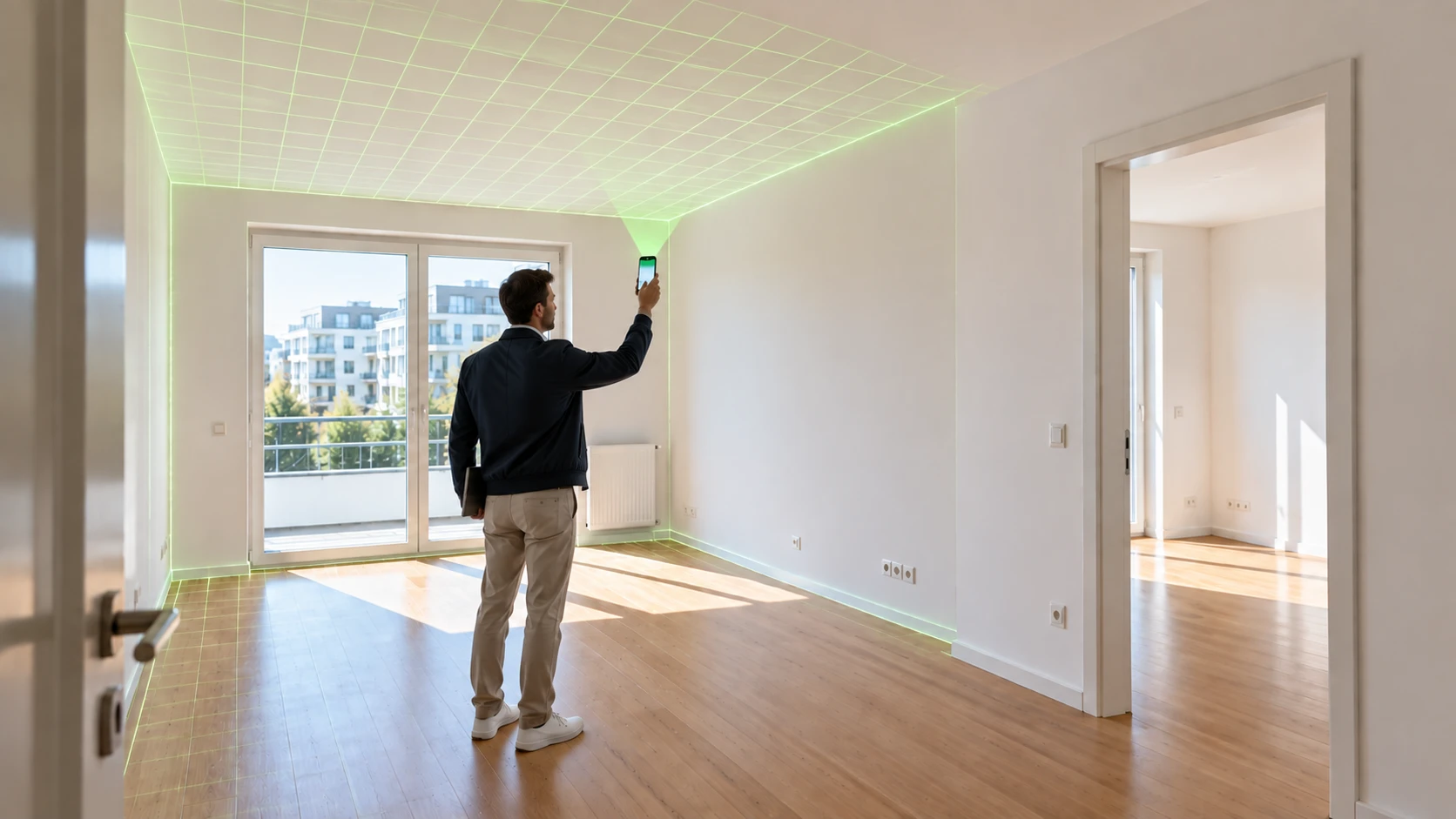Ein Mann scannt eine neue, leere Wohnung vor der Übergabe mit dem Smartphone