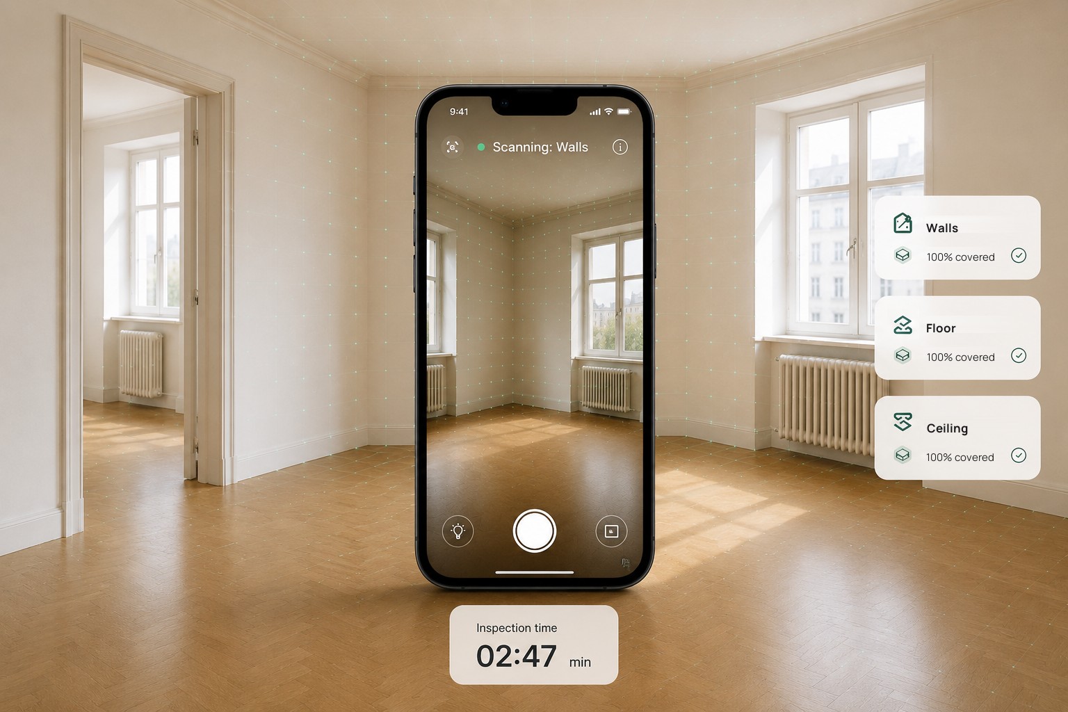 Guided AR scan on a phone: walls, floor and ceiling 100% covered