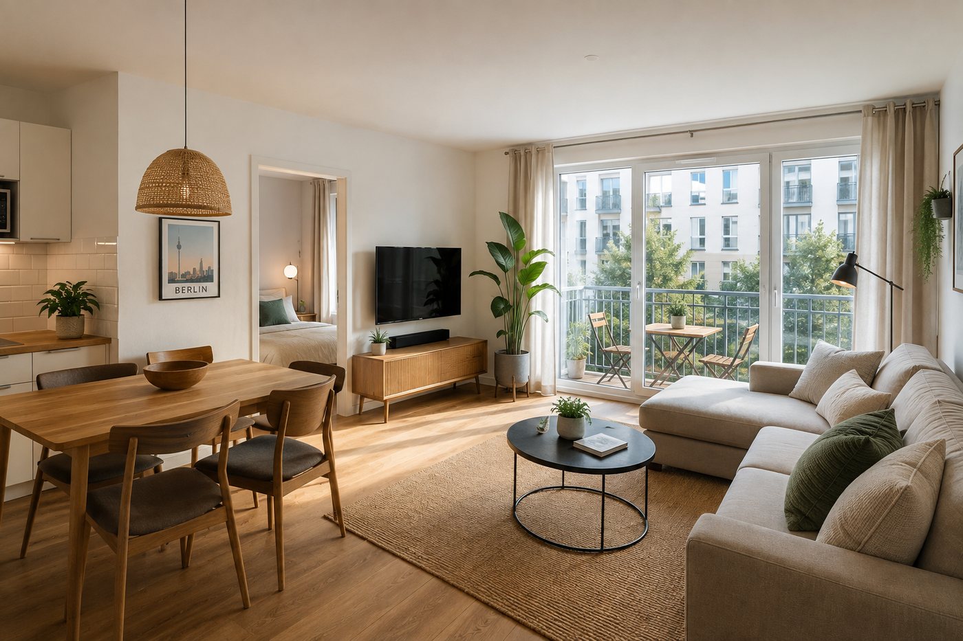 Möblierte Ferienwohnung in Berlin: Wohnbereich mit Sofa, Esstisch, Küchenzeile und Balkon