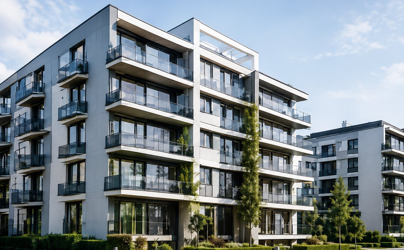Moderne Mehrfamilienhäuser mit vielen Wohneinheiten, wie sie Hausverwaltungen betreuen